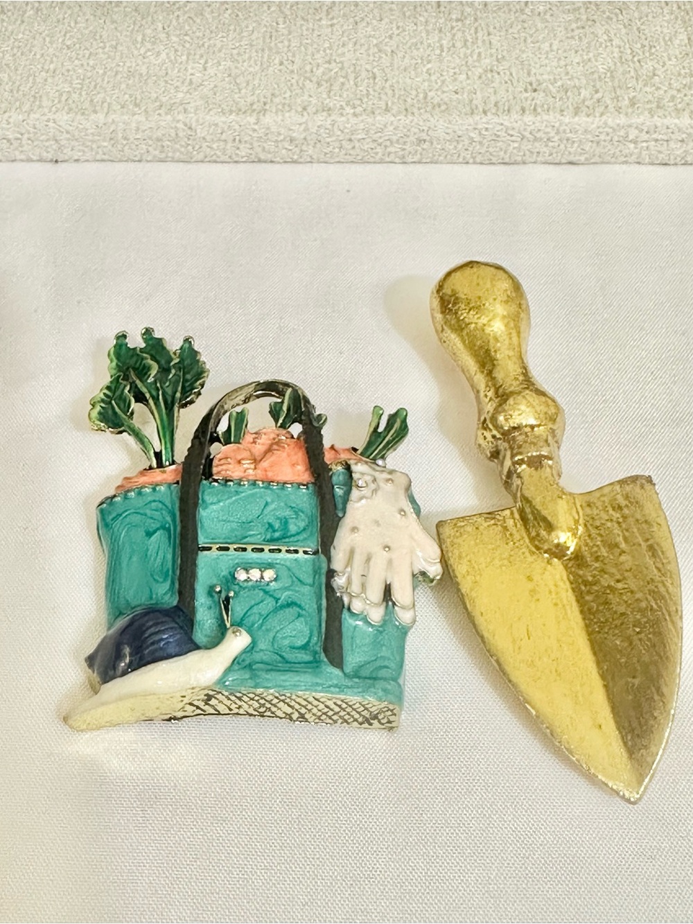 Decorative Teal Garden Tote w/ Gold Painted Wooden Trowel Brooch Bundle (2 pcs.)